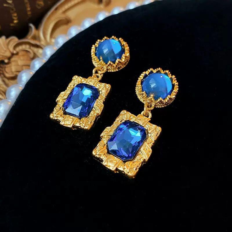 Royal Blue Gem Drop Gold Vintage Statement Earrings Baroque Dangle Earrings