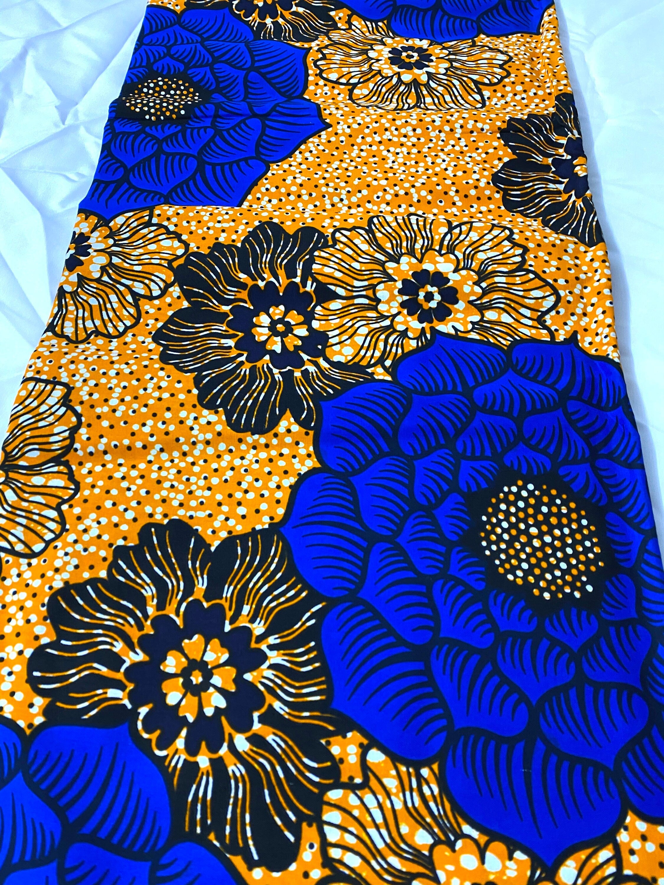 African Wax Print Fabric: Blue Floral Ankara Cotton, 6 Yards