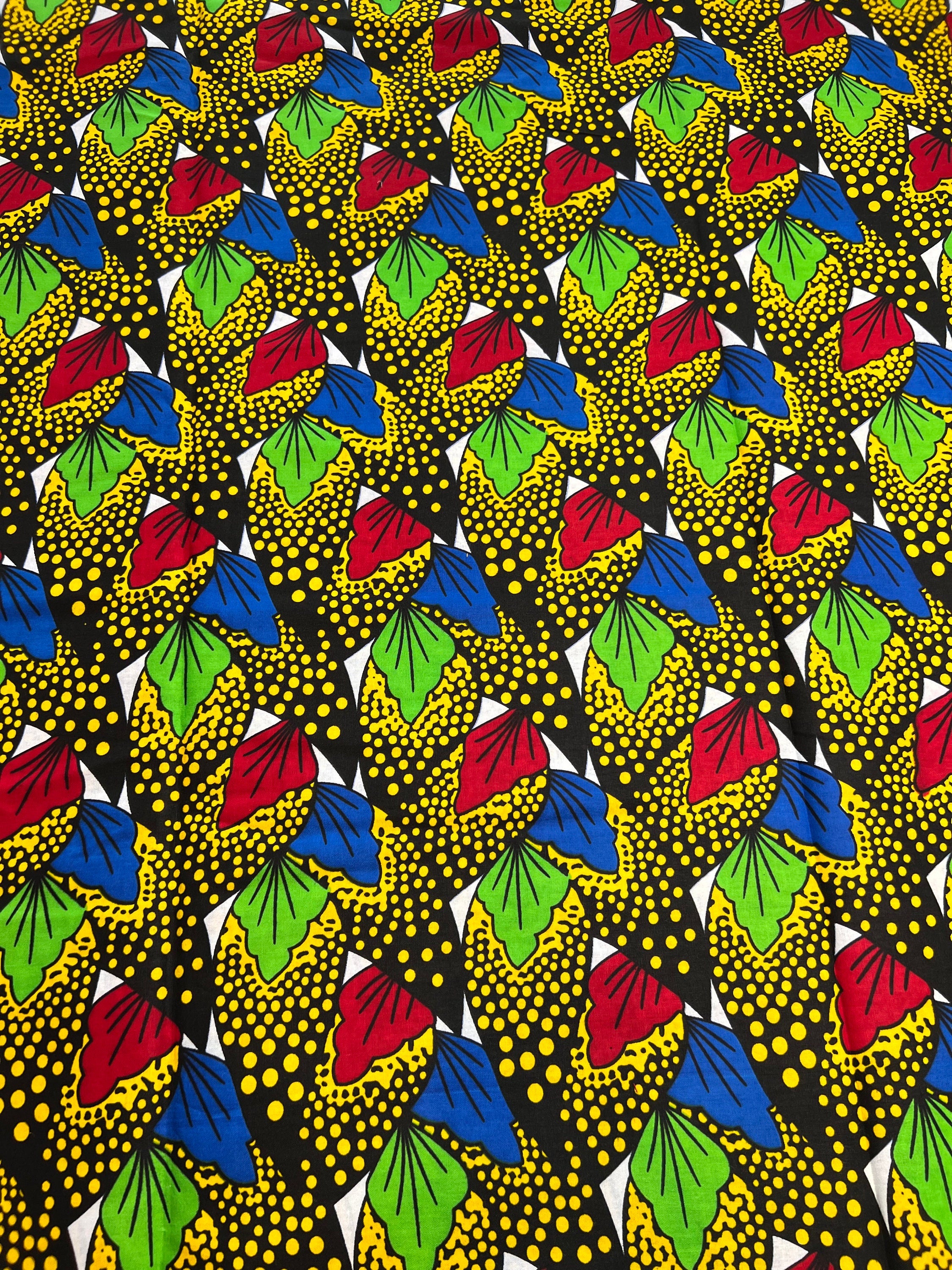 Black, Yellow, and Red African Wax Print Fabric - 6 Yards
