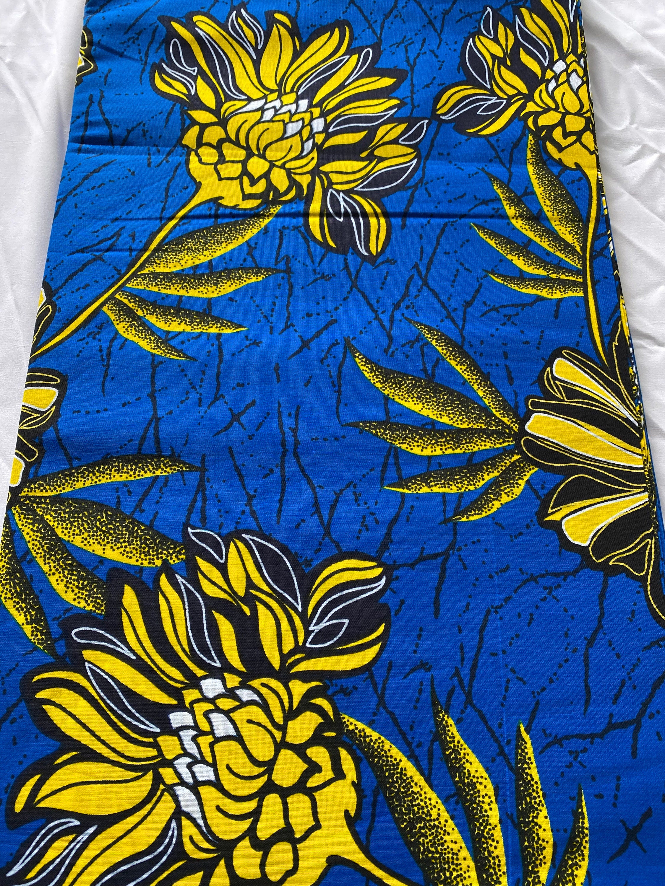 African Wax Print Fabric: Blue Floral Ankara Cotton, 6 Yards
