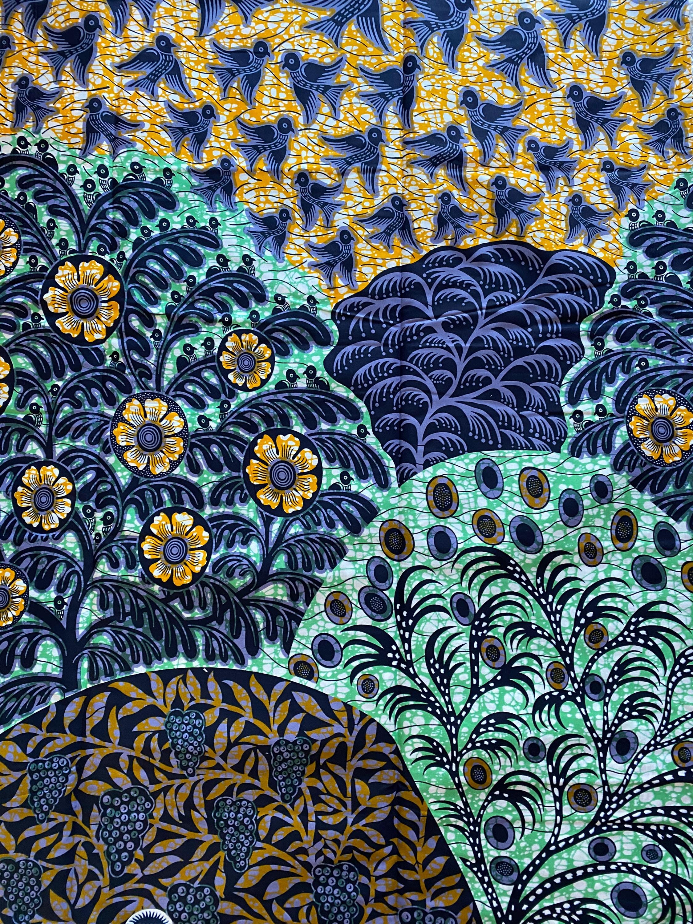 Ankara Wax Print Fabric, African Cotton, Birds and Floral Motif, 6 Yards