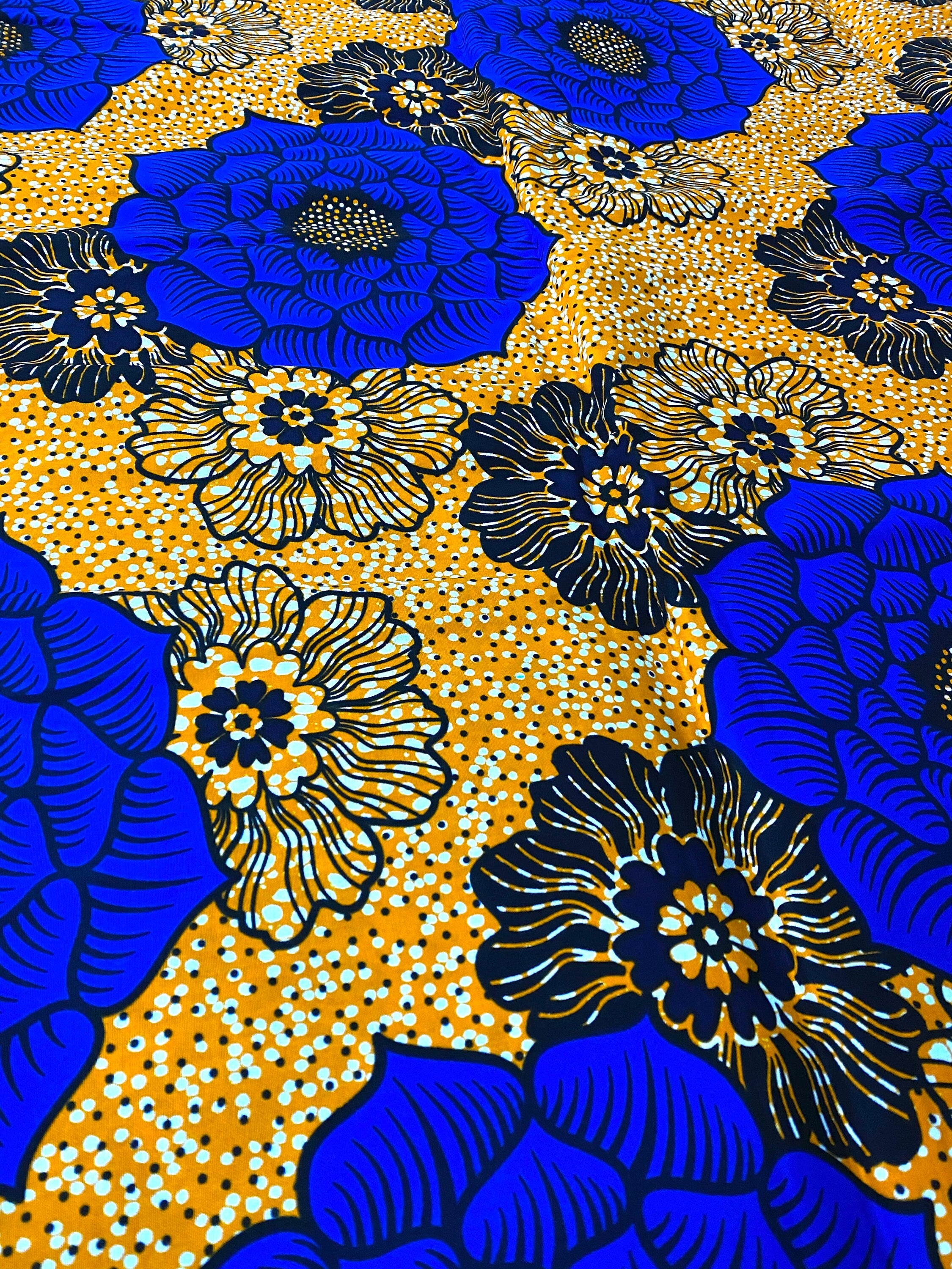 African Wax Print Fabric: Blue Floral Ankara Cotton, 6 Yards