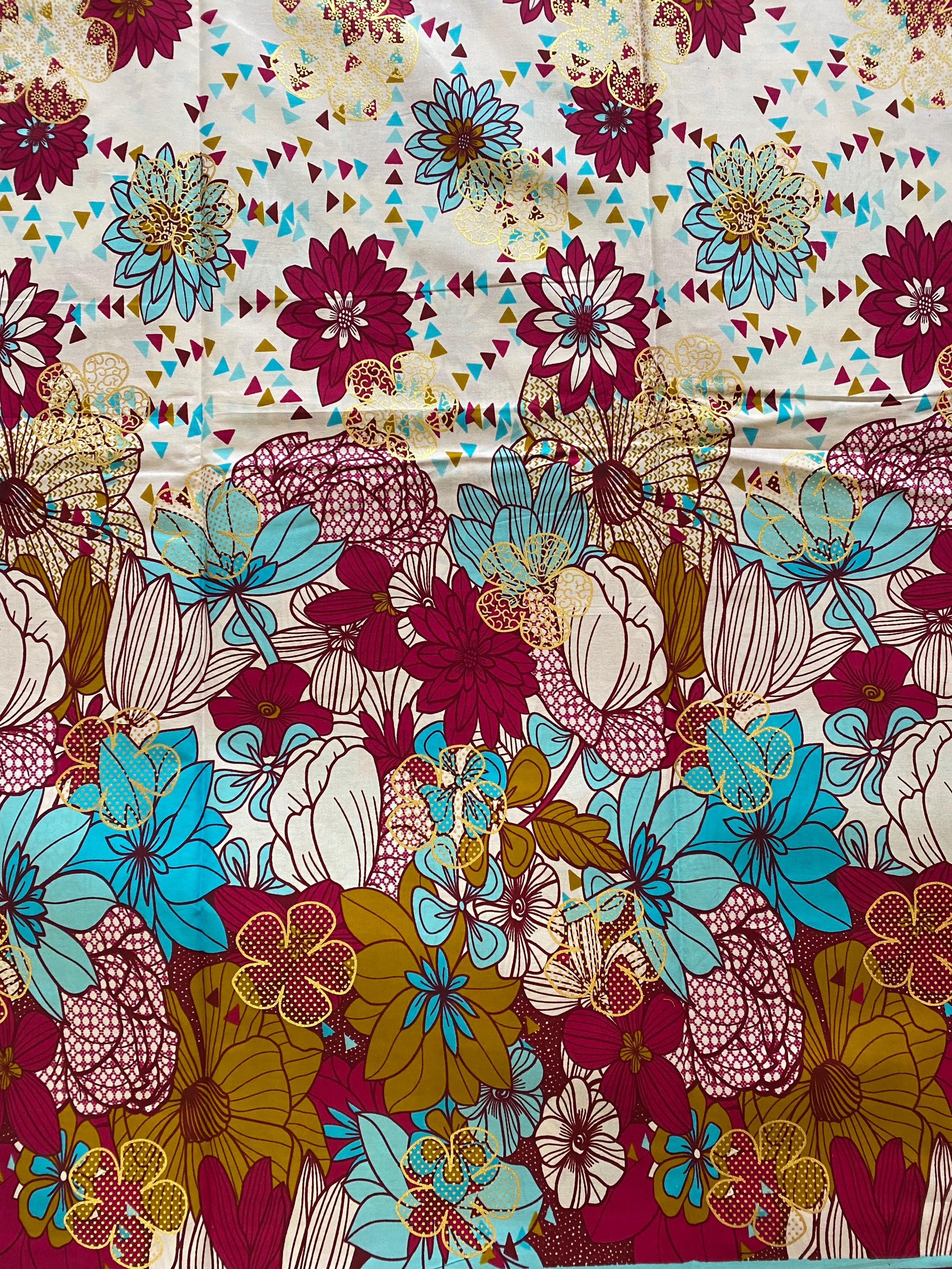 Floral Cotton Fabric – Ankara Wax Print with Gold Embellishments