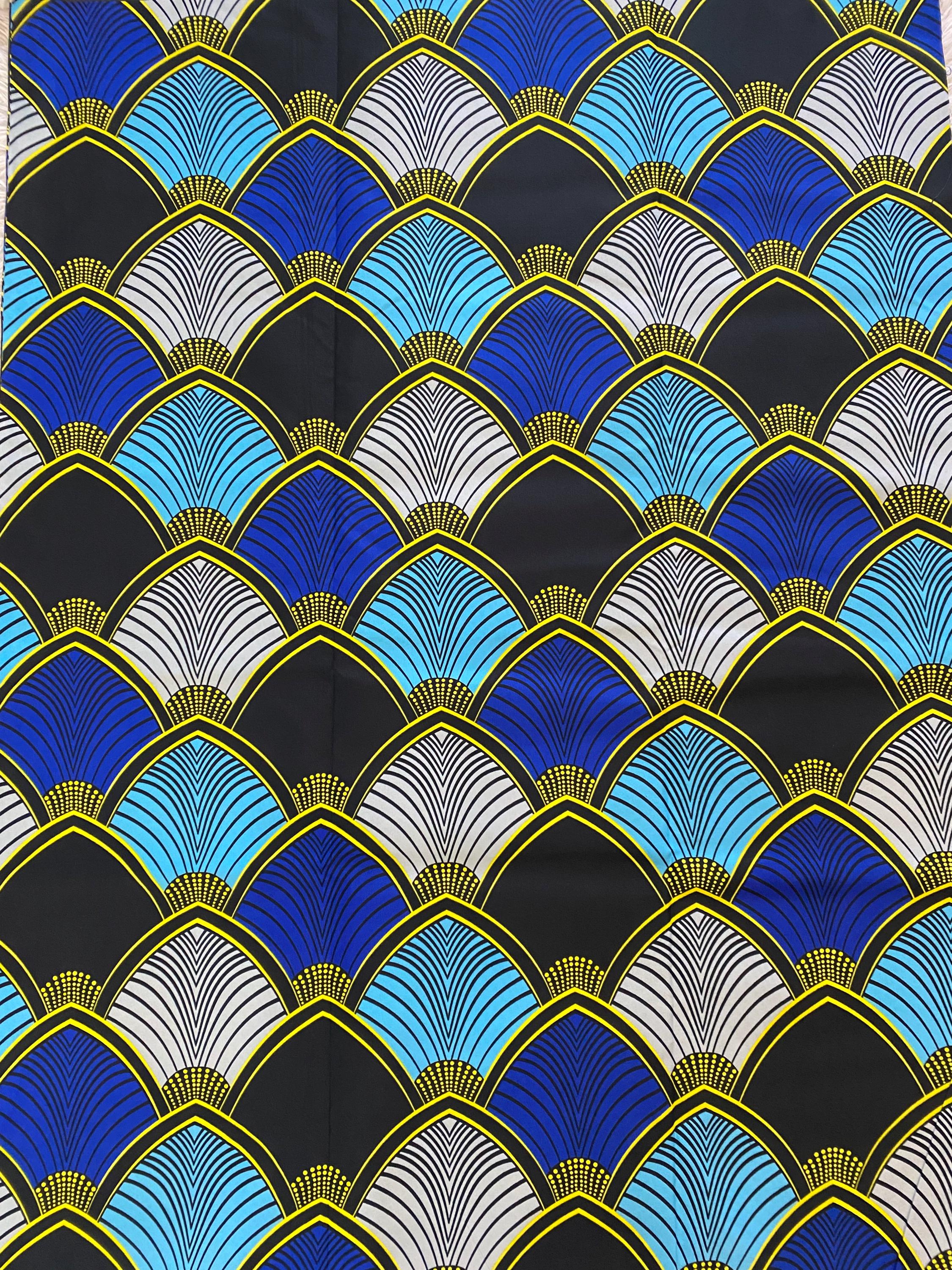 Ankara Fabric, Blue Fan Print, Polycotton, 6 Yards