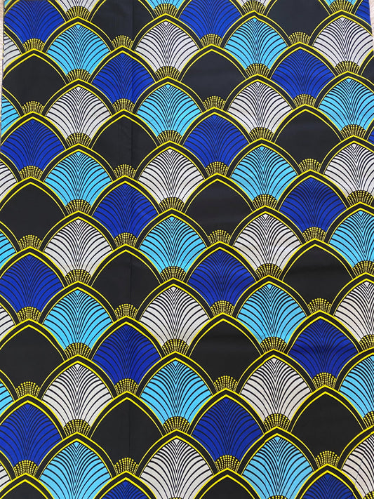 Ankara Fabric, Blue Fan Print, Polycotton, 6 Yards