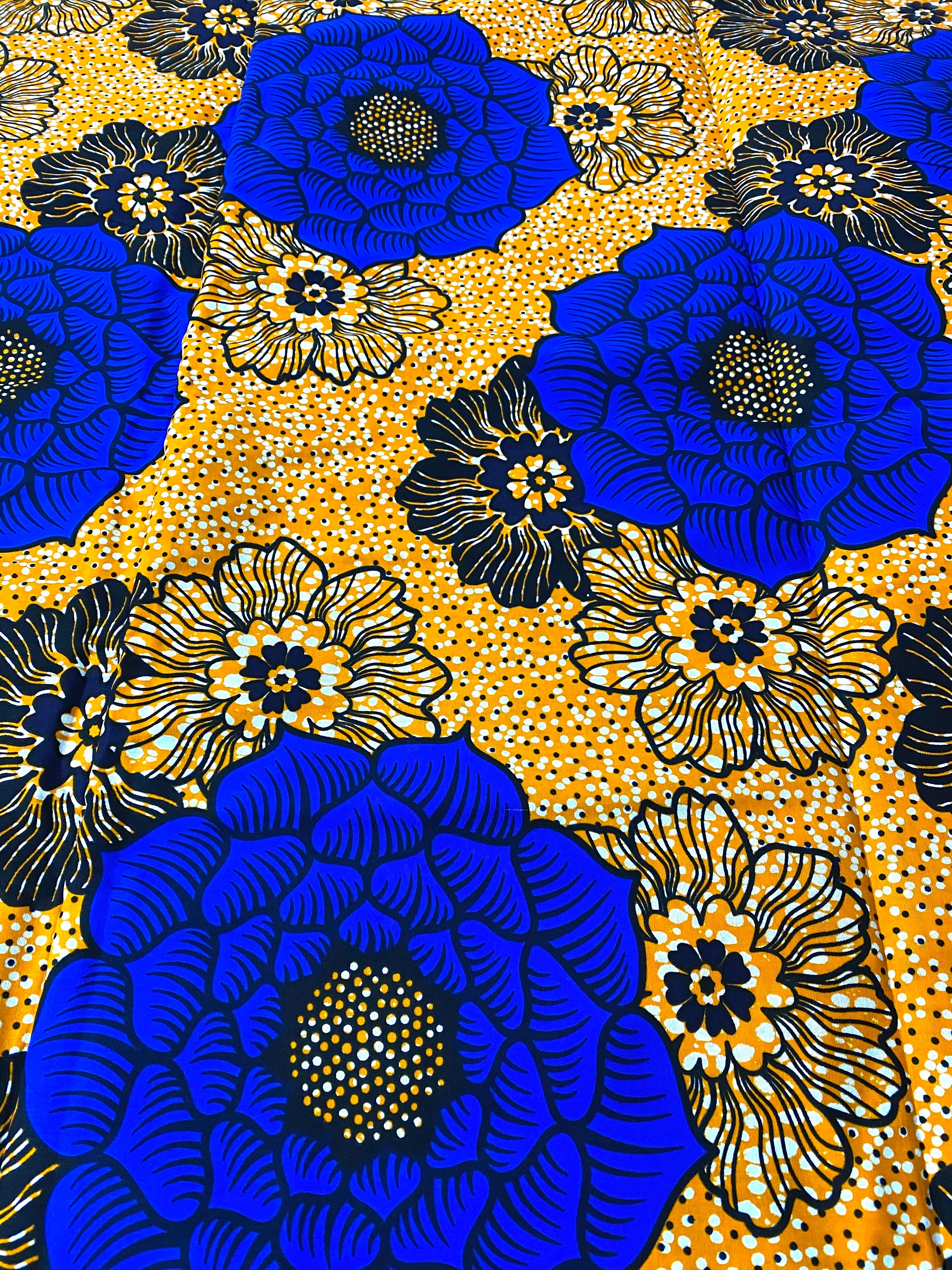 African Wax Print Fabric: Blue Floral Ankara Cotton, 6 Yards