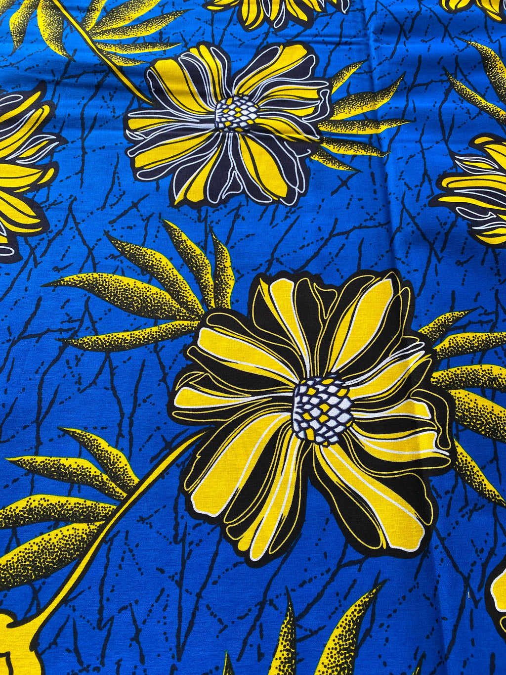 African Wax Print Fabric: Blue Floral Ankara Cotton, 6 Yards