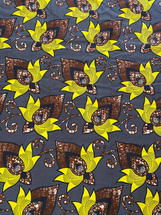 Floral Ankara Fabric, Yellow Flowers, African Print, 6 Yards