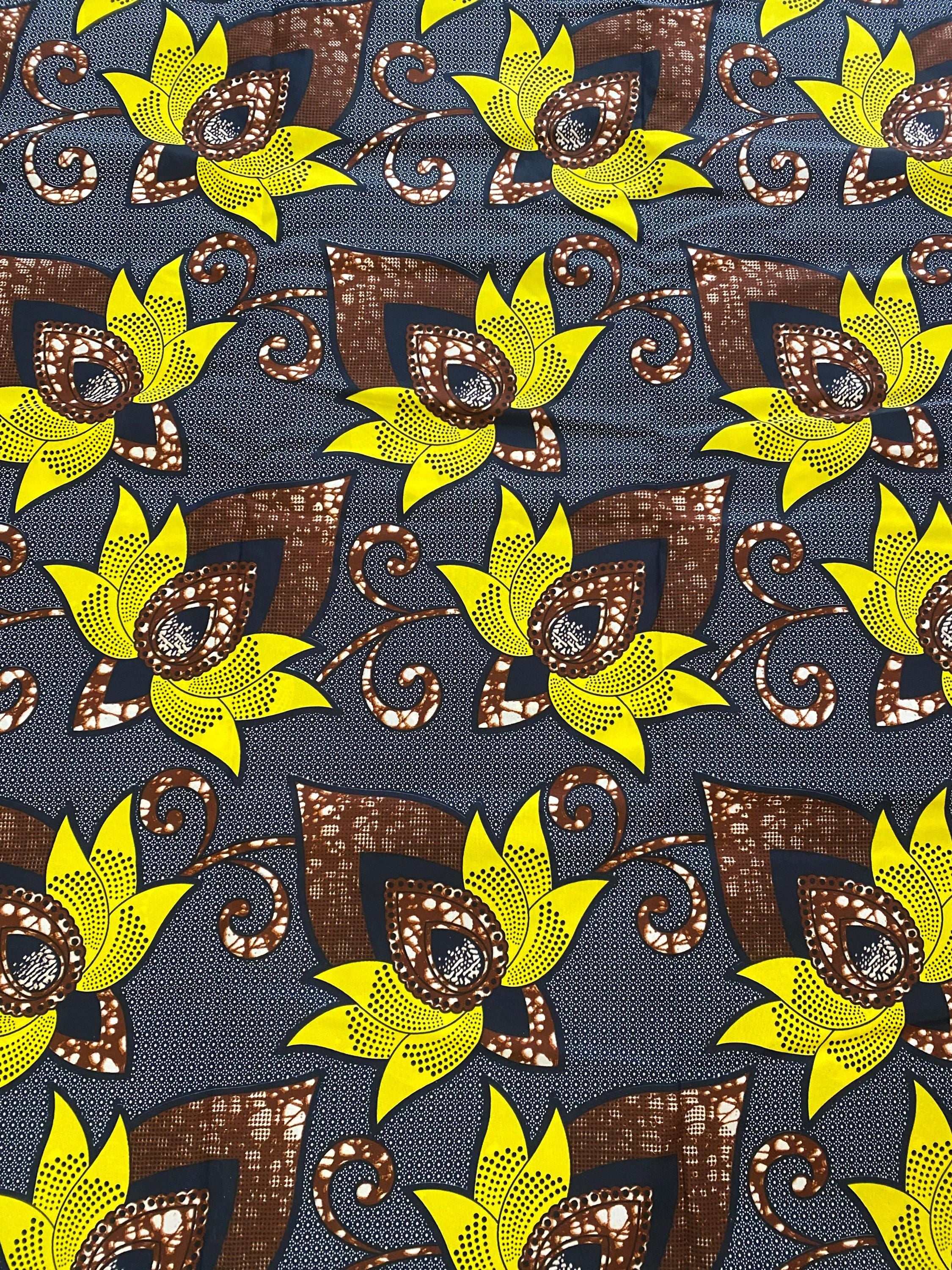 Floral Ankara Fabric, Yellow Flowers, African Print, 6 Yards