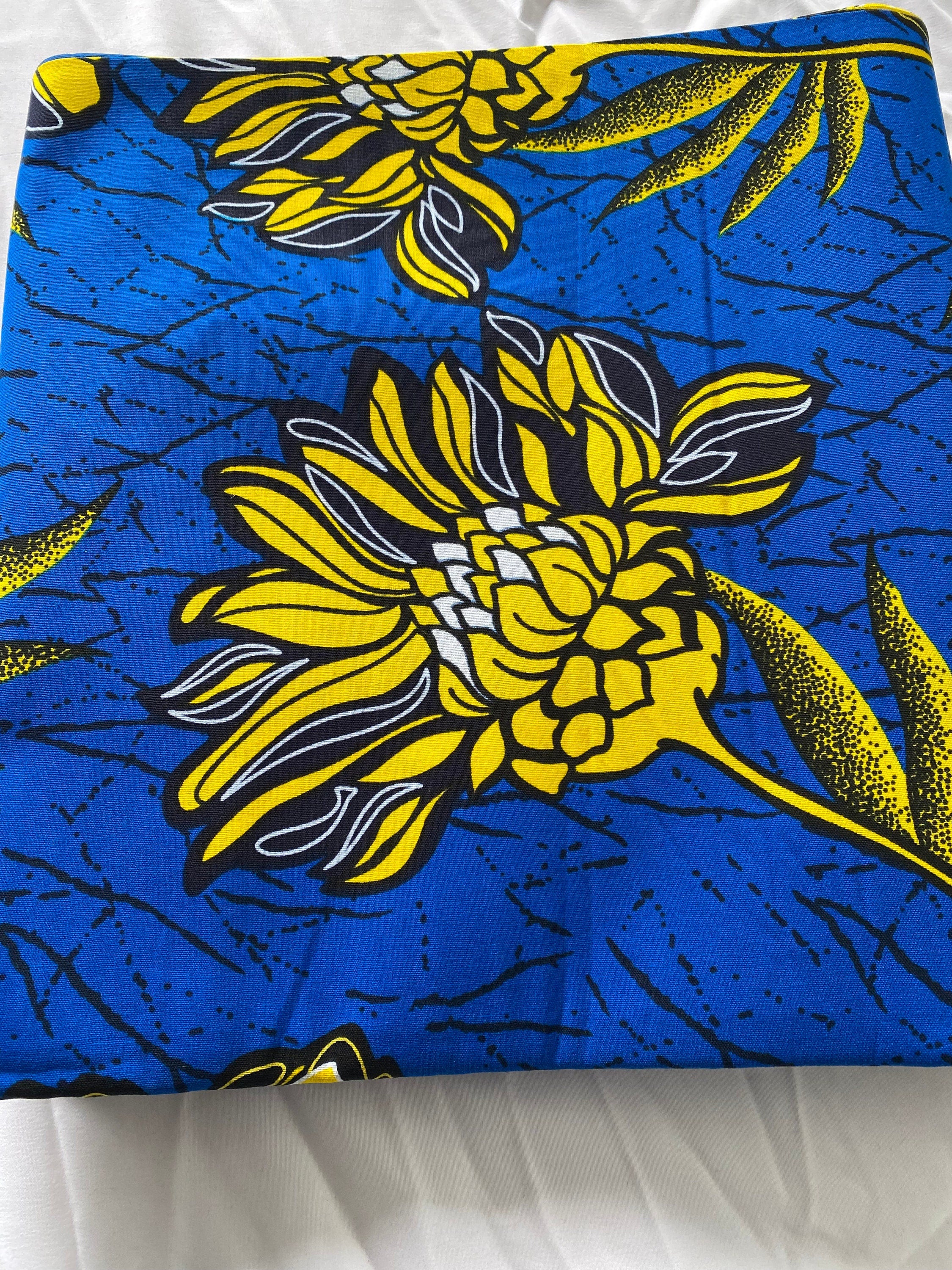 African Wax Print Fabric: Blue Floral Ankara Cotton, 6 Yards