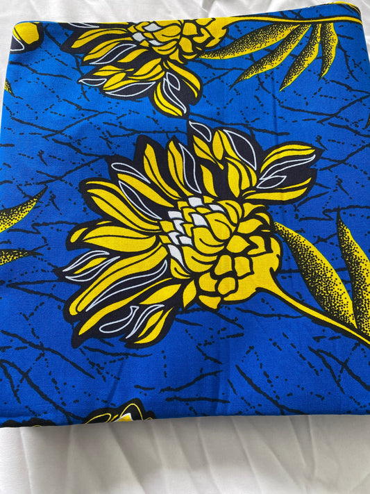 African Wax Print Fabric: Blue Floral Ankara Cotton, 6 Yards