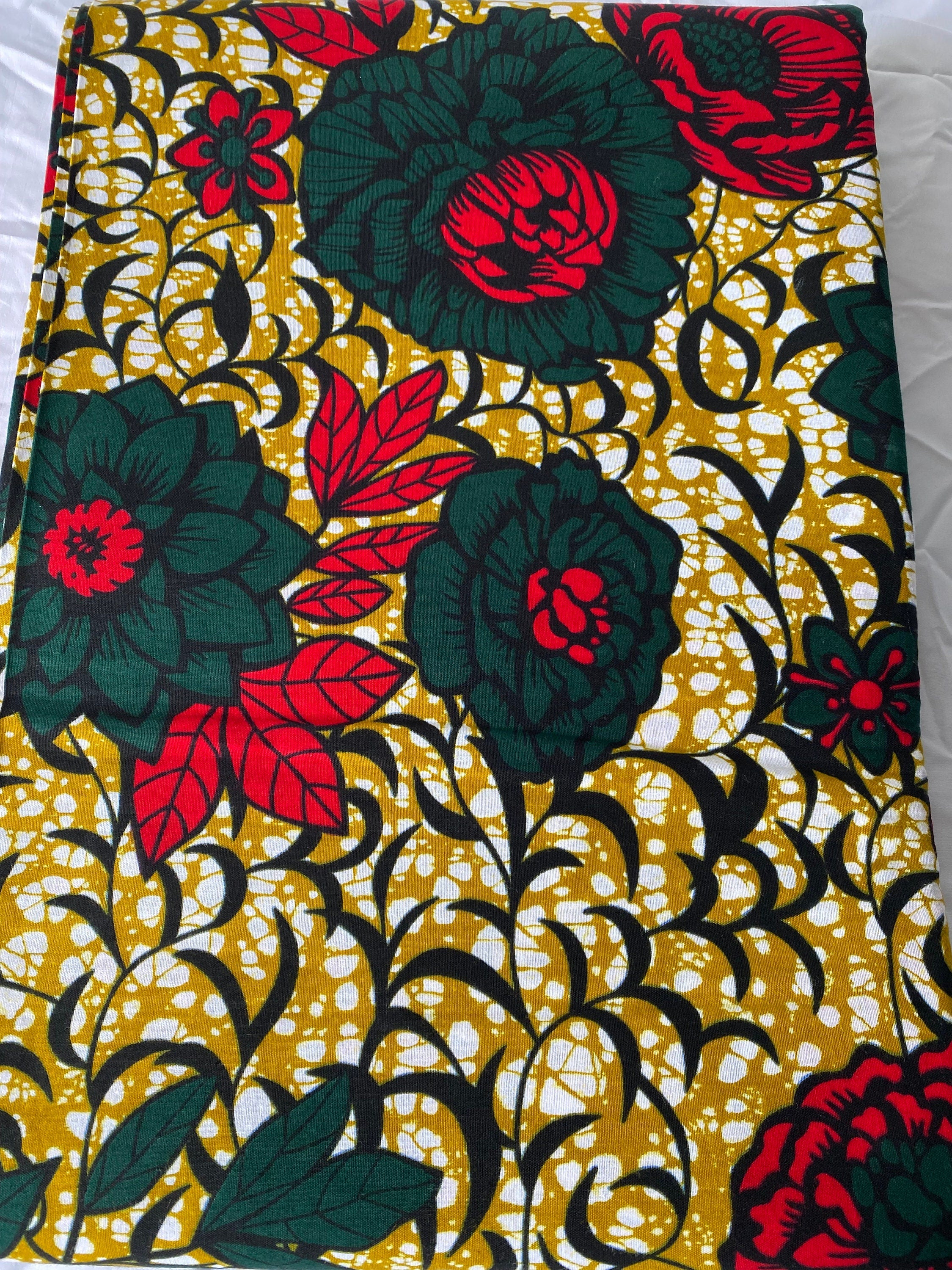 Floral Wax Print Fabric: Green & Brown Cotton, African Decor By The Yard