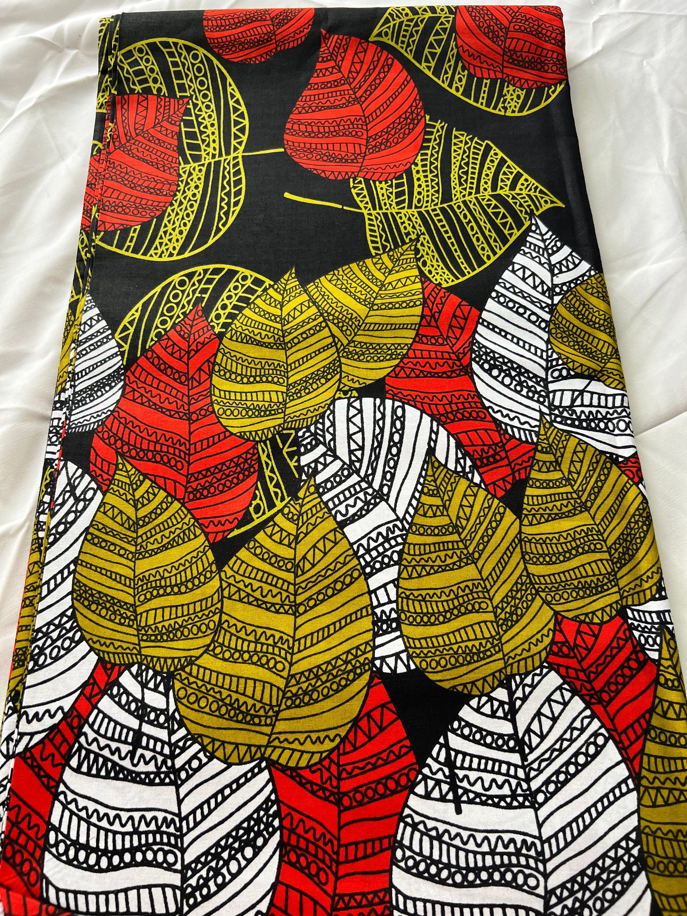 African Wax Print Fabric: 100% Cotton Ankara with Leaf Design, 6 Yards