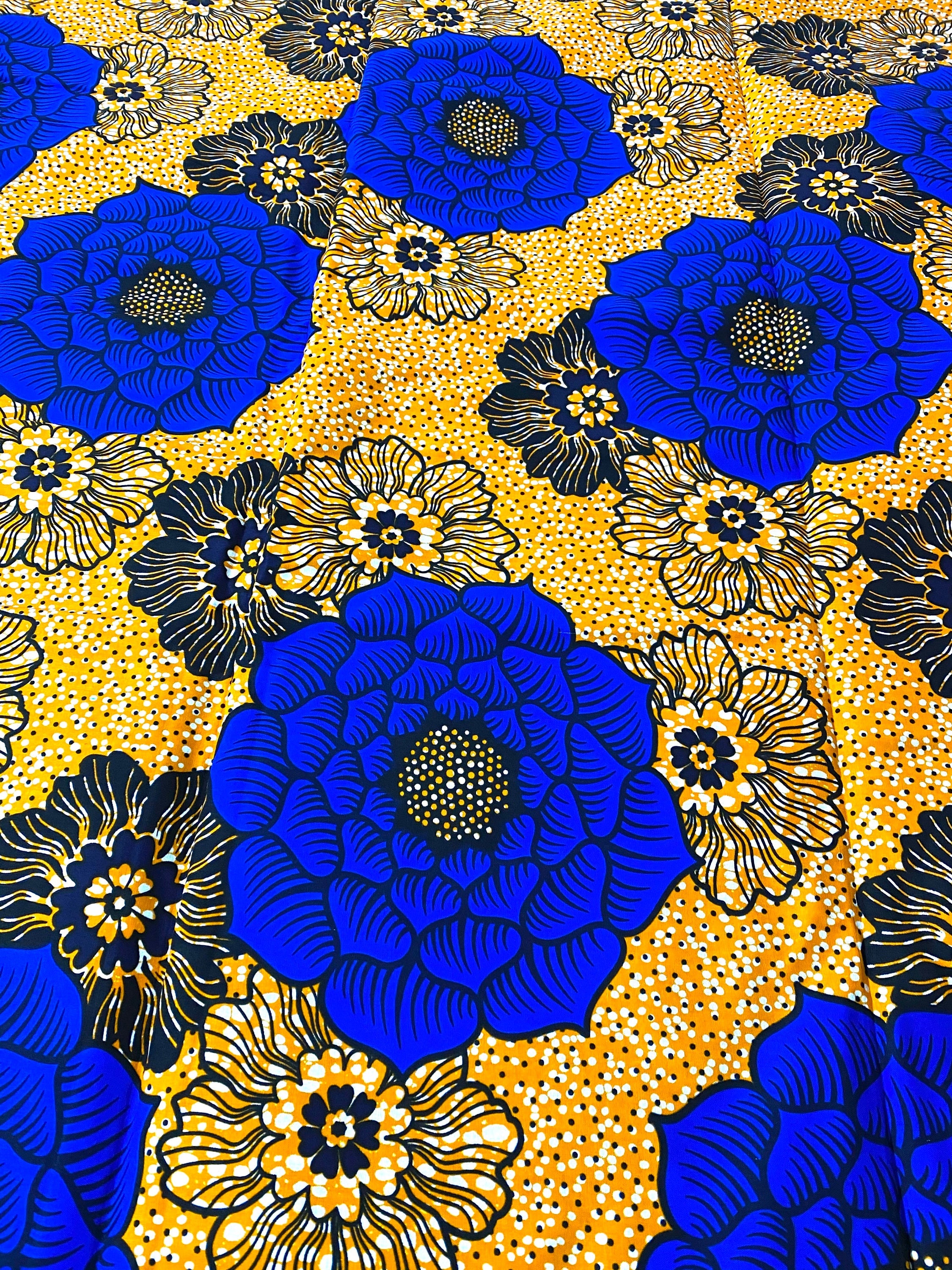 African Wax Print Fabric: Blue Floral Ankara Cotton, 6 Yards
