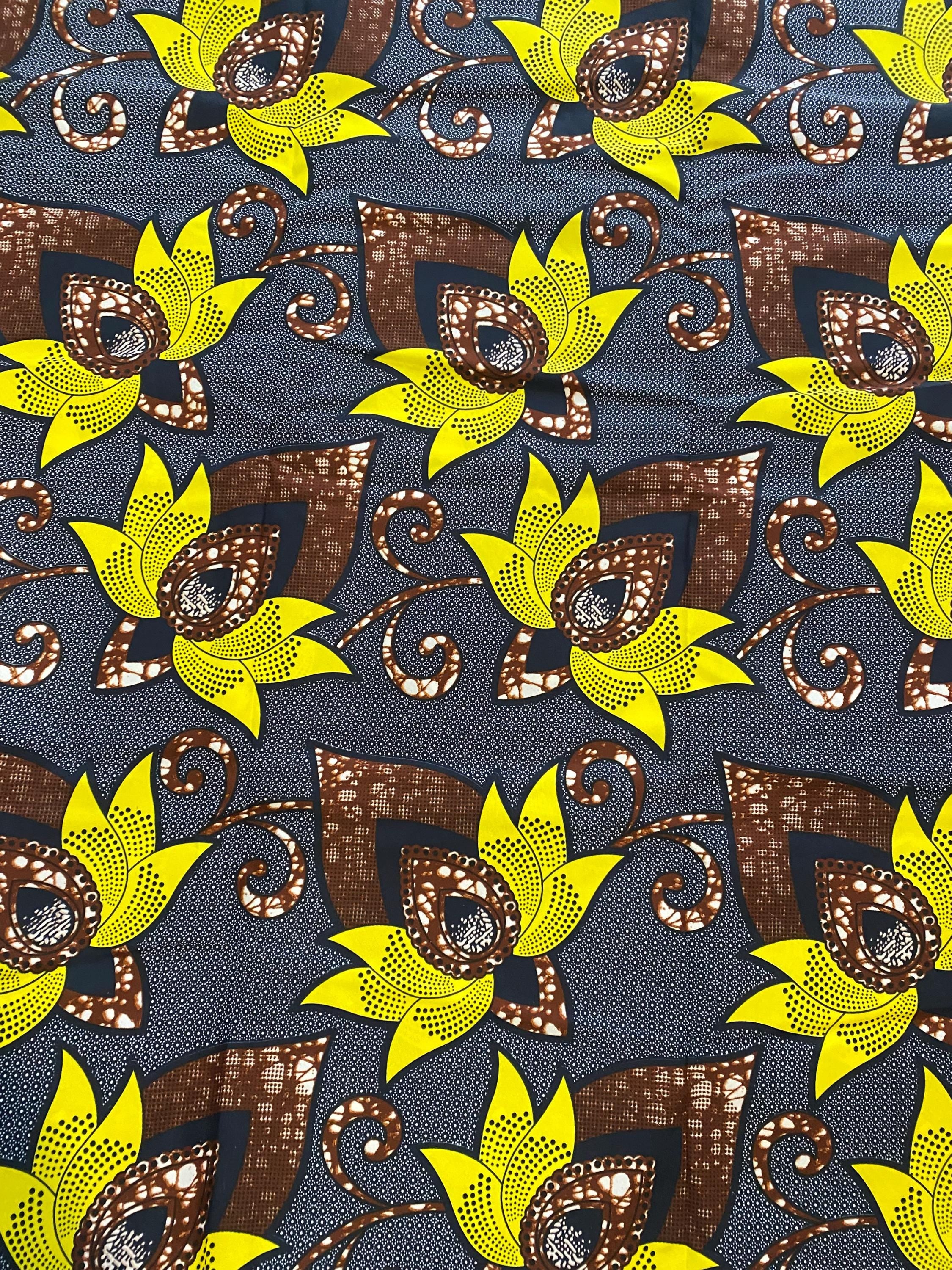 Floral Ankara Fabric, Yellow Flowers, African Print, 6 Yards