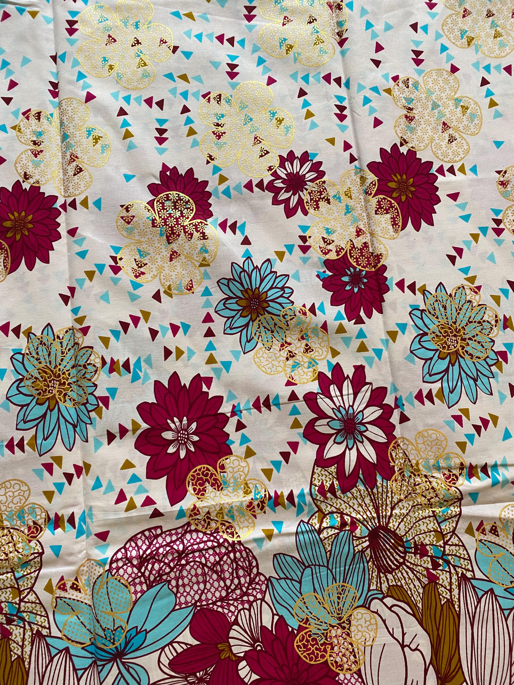 Floral Cotton Fabric – Ankara Wax Print with Gold Embellishments