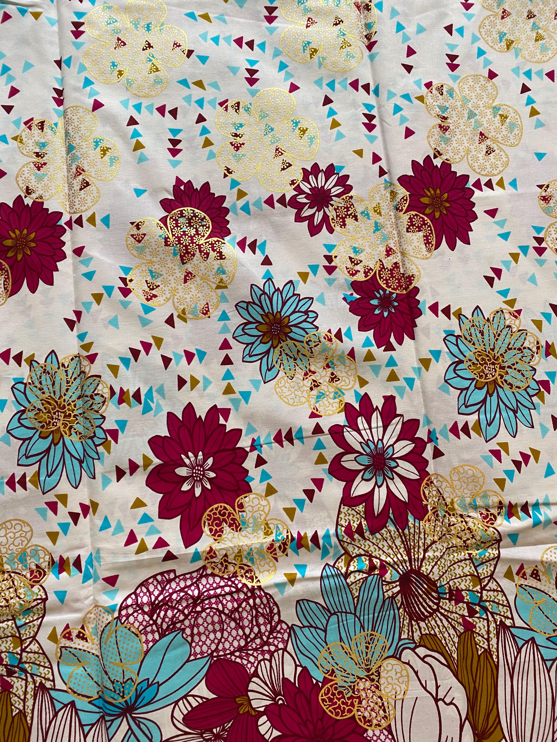 Floral Cotton Fabric – Ankara Wax Print with Gold Embellishments