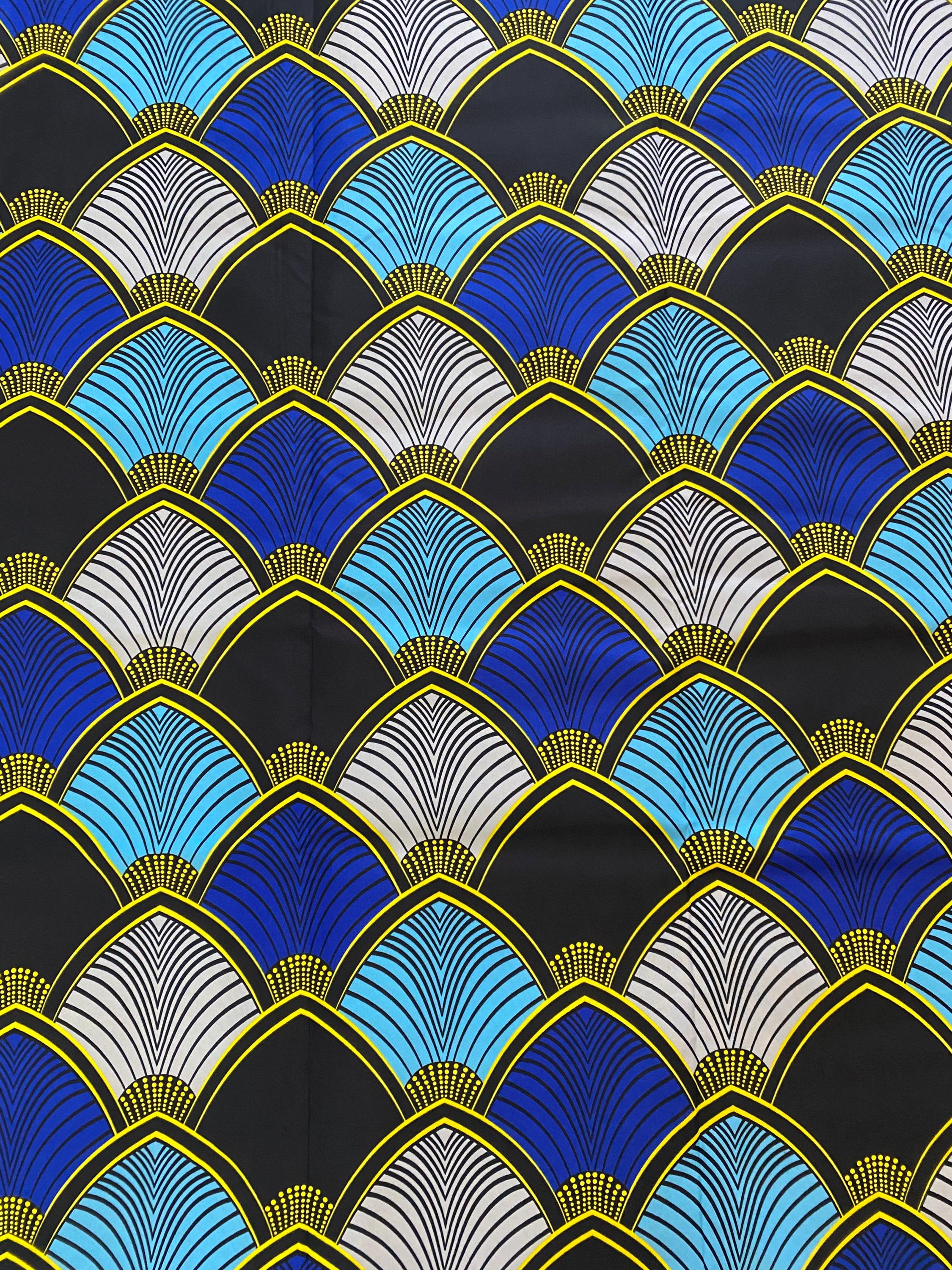 Ankara Fabric, Blue Fan Print, Polycotton, 6 Yards