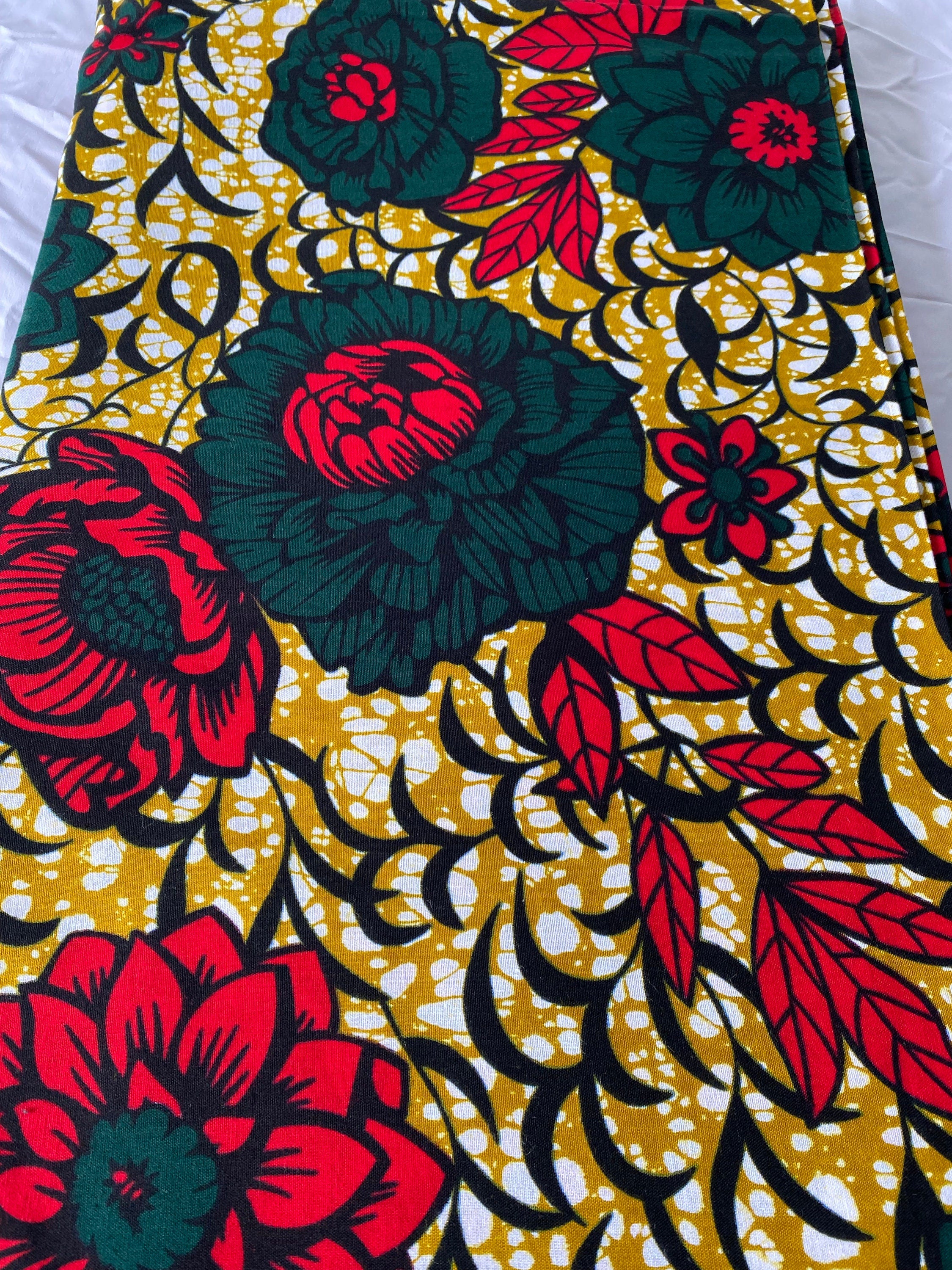 Floral Wax Print Fabric: Green & Brown Cotton, African Decor By The Yard