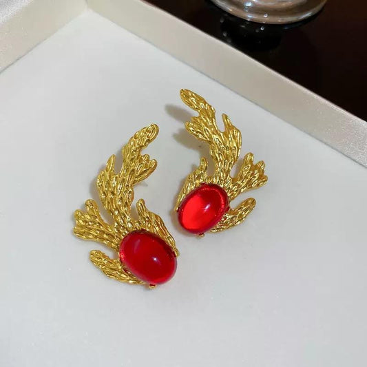 Gold Coral Statement Earrings with Red Gem Vintage Inspired Bold Earrings Luxury Fashion Earring.