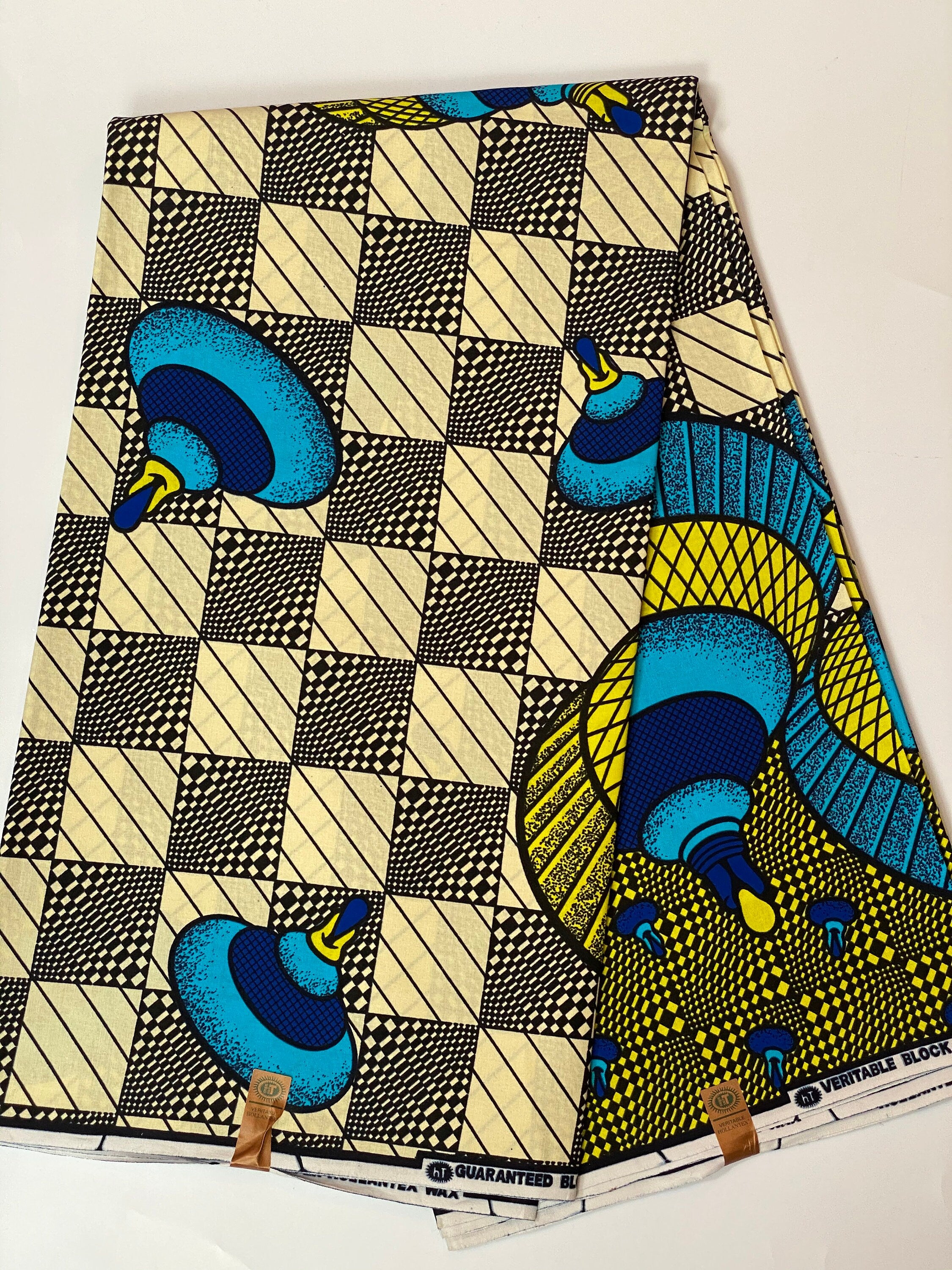 Blue & Yellow Floral African Wax Print Fabric - 6 Yard Cotton Textile