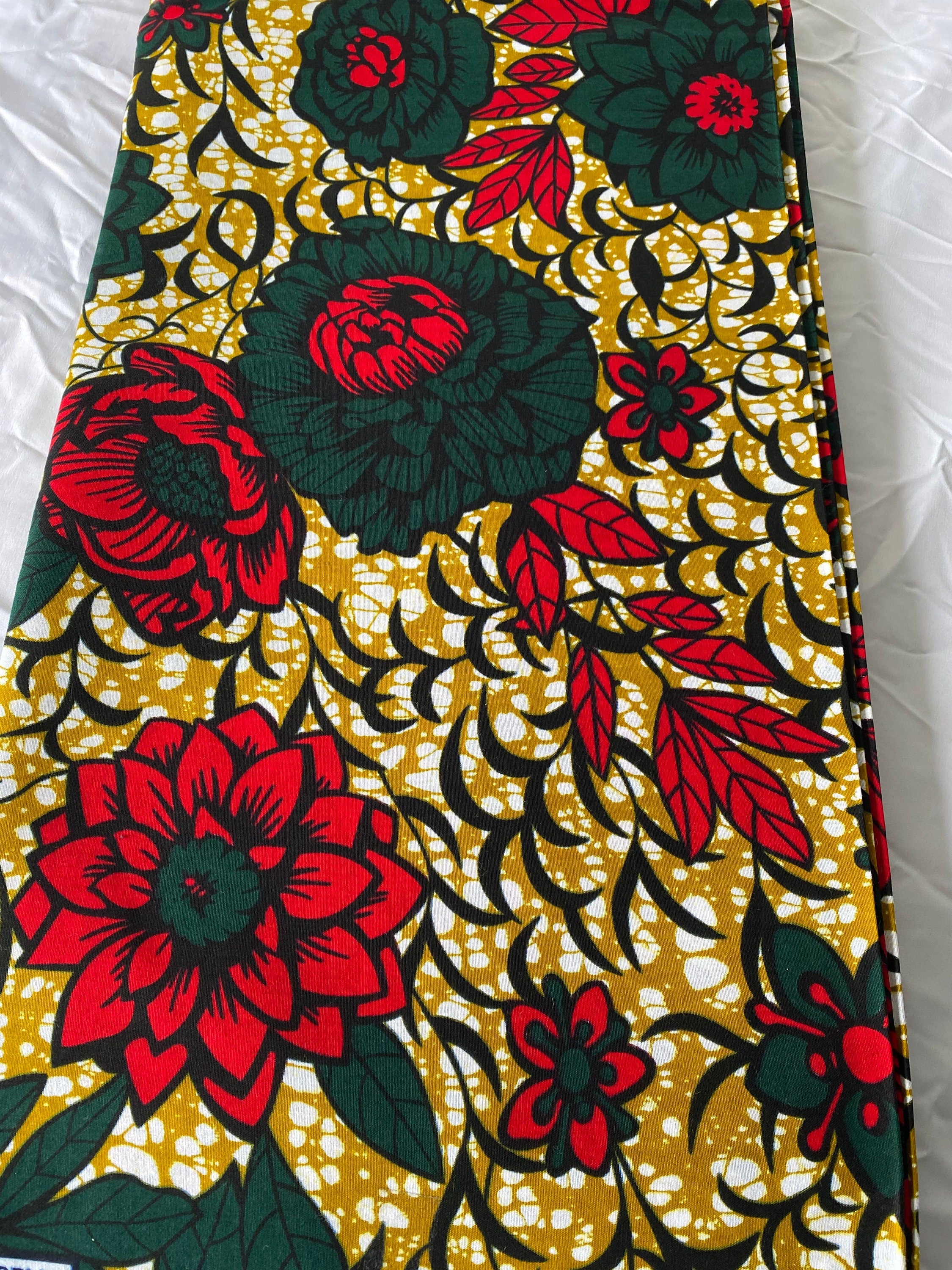 Floral Wax Print Fabric: Green & Brown Cotton, African Decor By The Yard