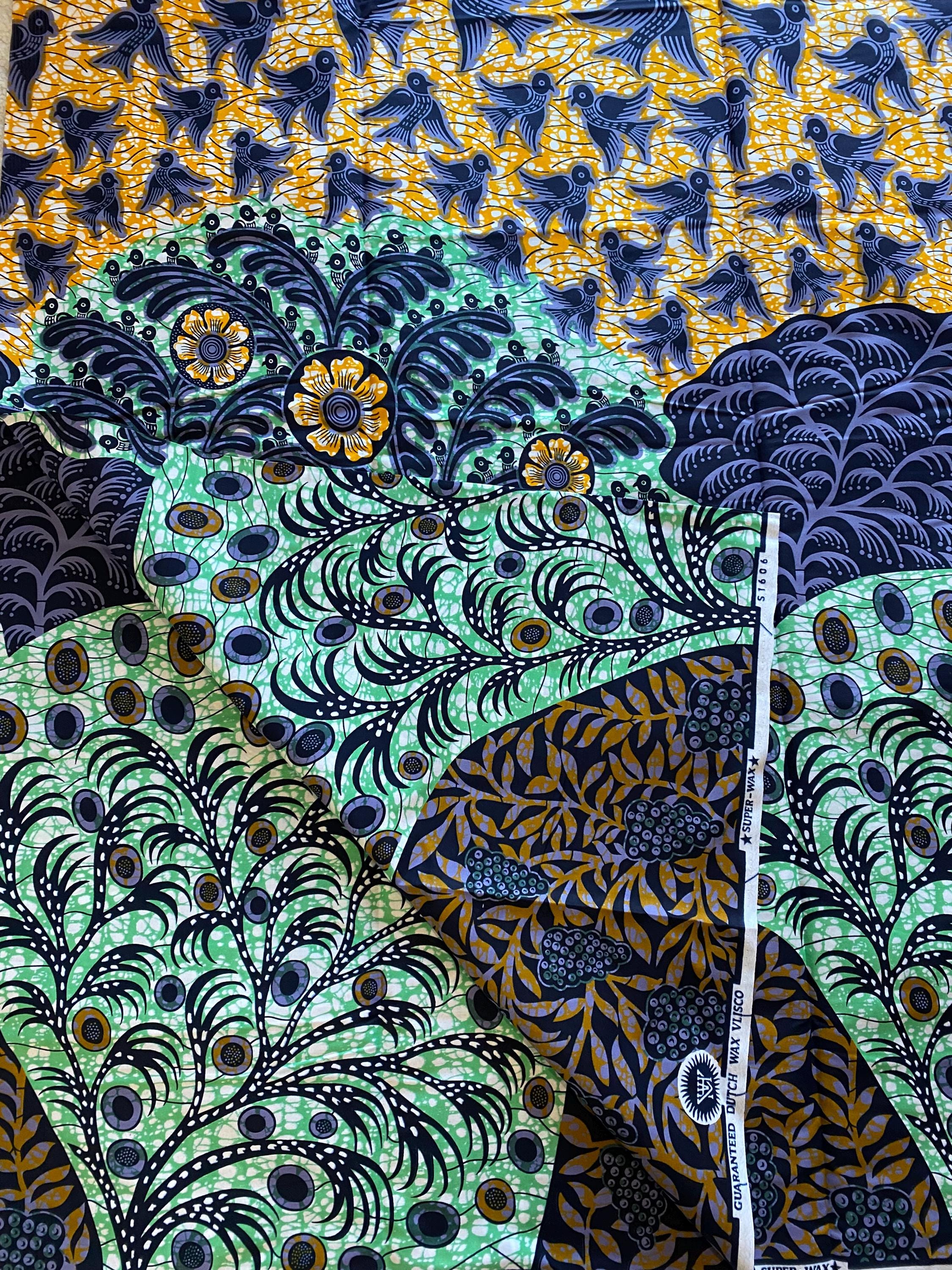 Ankara Wax Print Fabric, African Cotton, Birds and Floral Motif, 6 Yards
